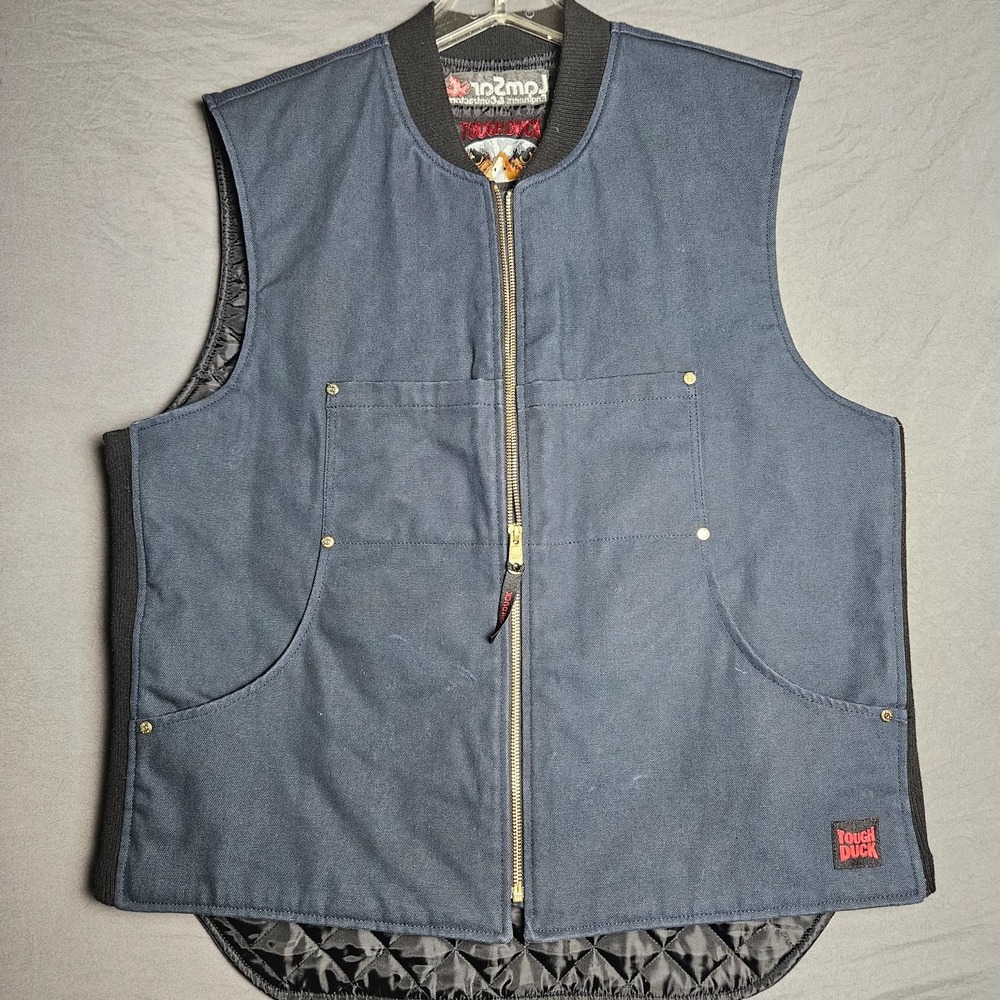 Tough Duck Mens L Navy Duck Canvas Quilt Lined Insulated Work Vest Zip Front